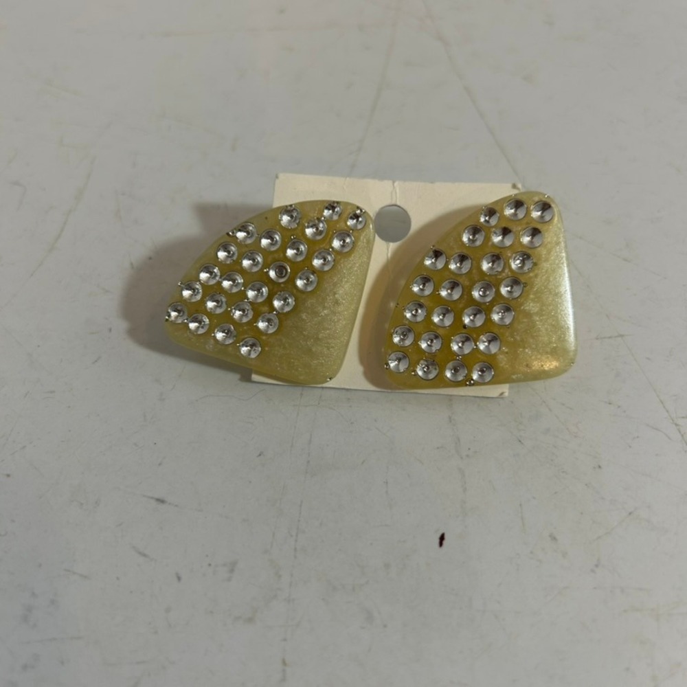 Vintage 80s Yellow Resin Stud Earrings Geometric Fan Silver Cone Embellished